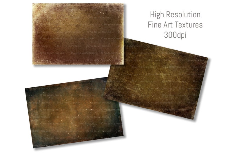 May include: Three different textured backgrounds in brown, green, and yellow tones. These high-resolution fine art textures are 300dpi.