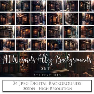 以下が含まれることがあります： レンガ造りの建物、窓、街灯のある、幻想的で魔法のような路地を描いたデジタル背景24点セット。画像の下部に「AI Wizards Alley Backgrounds Set 1 ATP Textures」というテキストがあります。