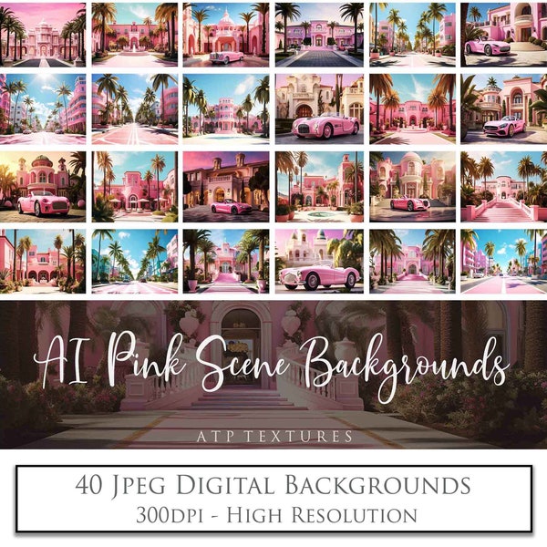 24 Digital Backgrounds - PINK MOVIE SCENE - Photo Background, Photography Backdrop, Photoshop Overlays, Car, Mansion, City