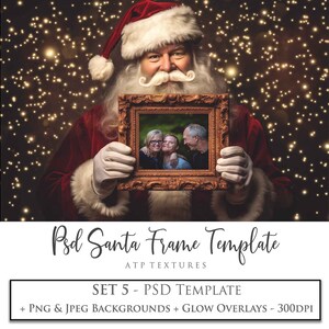 May include: Santa Claus holding a picture frame with a family photo inside. The background is a dark brown with gold glitter. The text on the image reads "Psd Santa Frame Template ATP TEXTURES SET 5 - PSD TEMPLATE + PNG & JPEG BACKGROUNDS + GLOW OVERLAYS - 300DPI".