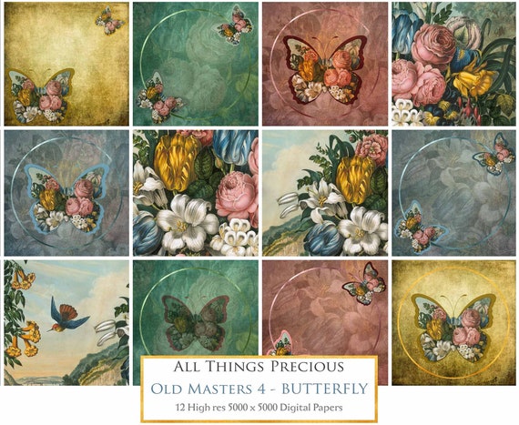 Vintage Floral BUTTERFLY CLIPART PNG Set 4 Butterflies Card Making Wall Print Digital Scrapbooking Scrapbook Old Masters Flowers