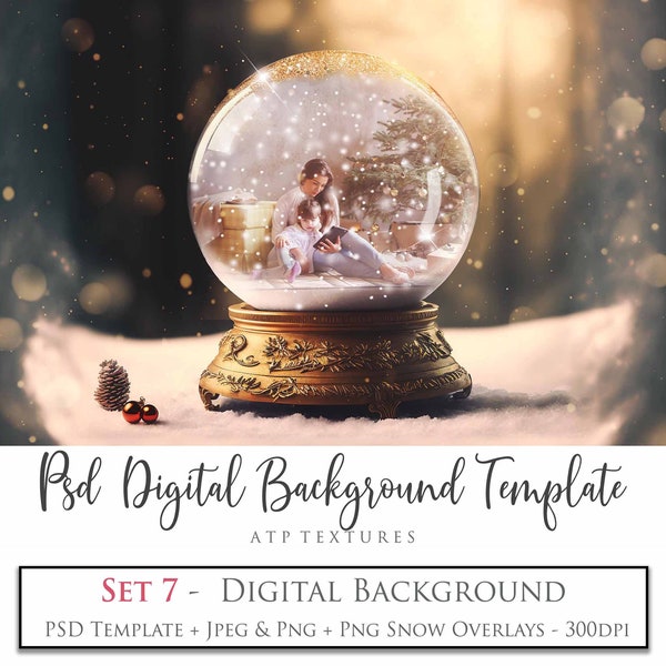 PHOTOSHOP TEMPLATE, Digital Background, Snow Globe Psd Template, No. 7 Png Overlays, Photography Edit, Christmas Clipart, Scrapbooking, AI