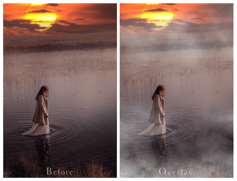 May include: A woman in a white dress and a beige coat walks through a misty lake at sunset. The sun is setting behind her, casting a warm glow on the scene.