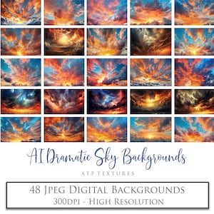 48 AI Digitale Hintergründe, Dramatische Himmel Overlays. Fotografie Hintergrund, Fotobearbeitung, Sonnenuntergang, Sturm, Scrapbooking, Photoshop, ATP Texturen