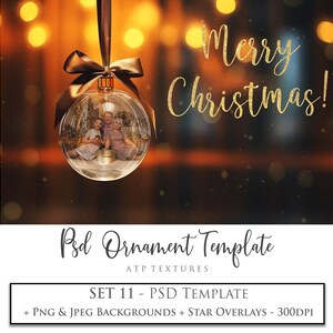PLANTILLA DE PHOTOSHOP, Fondo digital, Archivo Psd de adornos navideños 11, Png incluido, Superposición de fotos, Adorno de Navidad de vidrio, Scrapbooking, AI