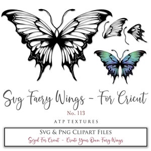 Könnte beinhalten: Vier schwarze und weiße Schmetterlingsflügel-Designs, eines mit einem blauen und grünen Farbverlauf. Der Text "Svg Faery Wings - For Cricut" befindet sich unter den Flügeln. Der Text "No. 113" befindet sich unter dem Text "Svg Faery Wings - For Cricut". Der Text "ATP TEXTURES" befindet sich unter dem Text "No. 113". Der Text "SVG & PNG CLIPART FILES" befindet sich unter dem Text "ATP TEXTURES". Der Text "Sized For Cricut - Create Your Own Fairy Wings" befindet sich unter dem Text "SVG & PNG CLIPART FILES".