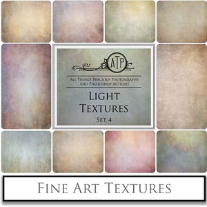 May include: A set of 12 light textures arranged in a grid. The textures are in a variety of soft colours, including beige, light blue, and pink. The text "ATP" is in the centre of the grid, with the text "ALL THINGS PRECIOUS PHOTOGRAPHY AND PHOTOSHOP ACTIONS" below it. The text "LIGHT TEXTURES SET 4" is below that. The text "FINE ART TEXTURES" is at the bottom of the grid.