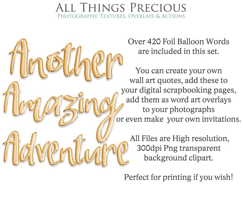 Scrapbooking Digital Photo Editing 420 CLIPART FOIL BALLOON Words Gold Png Letter Overlays Photoshop Art Card Making