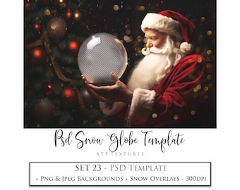 May include: Santa Claus holds a clear snow globe with a transparent background. The globe is surrounded by a snowy background with a Christmas tree and lights. The text "Psd Snow Globe Template" and "ATP TEXTURES" is at the bottom of the image. The text "SET 23 - PSD TEMPLATE" and "+ PNG & JPEG BACKGROUNDS + SNOW OVERLAYS - 300DPI" is also at the bottom of the image.