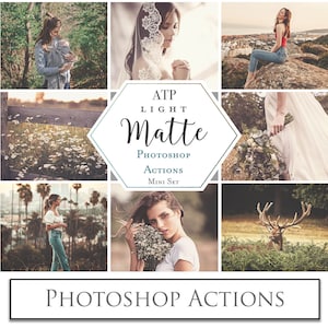 May include: A set of Photoshop actions called "ATP Light Matte" with a hexagonal design. The actions are designed to give photos a soft, light, and matte look. The image shows several examples of how the actions can be used to edit photos.