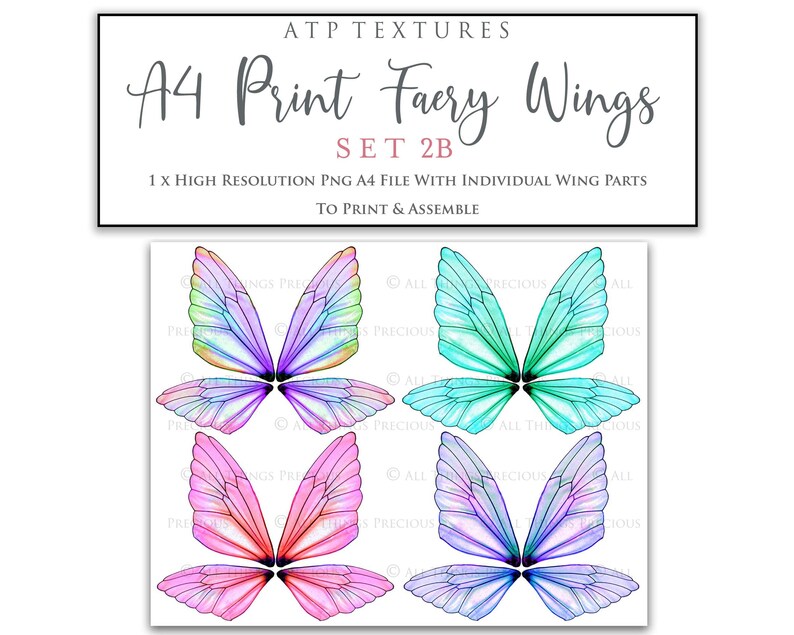 A4 PRINT FAIRY WINGS Set 2B Png Clipart, jewellery Making, Template, Photoshop, Art Doll, Printable, Earrings Craft, Wing Pattern image 1
