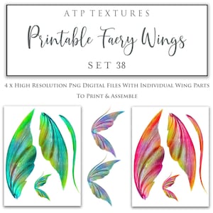 May include: Four sets of printable fairy wings, each set includes four individual wing parts. The wings are iridescent and have a variety of colors, including green, blue, pink, and yellow. The wings are designed to be printed and assembled.