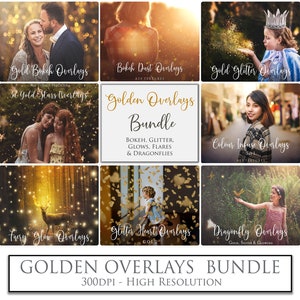 Digital Overlays, Png BUNDLE, GOLDEN No. 1 Photo Overlay, Glitter, Stars, Christmas Clipart, Light, Glow, Photoshop, Dragonfly, Bokeh