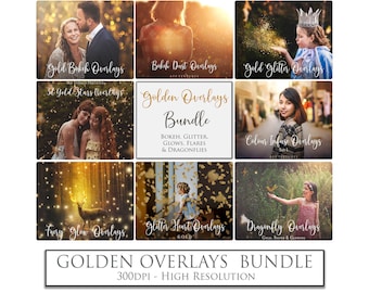 Digital Overlays, Png BUNDLE, GOLDEN No. 1 Photo Overlay, Glitter, Stars, Christmas Clipart, Light, Glow, Photoshop, Dragonfly, Bokeh