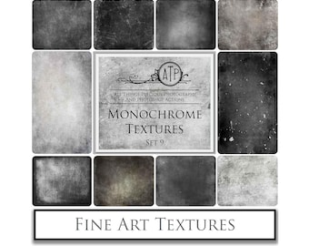 May include: Set of nine monochrome textures in black and white, with a grunge aesthetic. The textures are arranged in a grid with a title card in the center that reads "ATP All Things Precious Photography and Photoshop Actions Monochrome Textures Set 9".