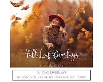 60 FALL LEAVES OVERLAYS, Autumn Png Leaf Overlay, Photography, Digital Scrapbooking Clipart, High Res, Photoshop, Photo Edit