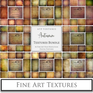 May include: A digital download of 80 high-resolution autumn-themed textures. The textures are in a grid format and feature a variety of colors and patterns, including brown, orange, yellow, and green. The text "ATP Textures Autumn Textures Bundle" is displayed in the center of the image.
