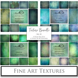 May include: A digital download of 40 high-resolution texture images in a variety of green, blue, and teal colors. The textures are perfect for adding a vintage, distressed, or grunge look to your digital designs.
