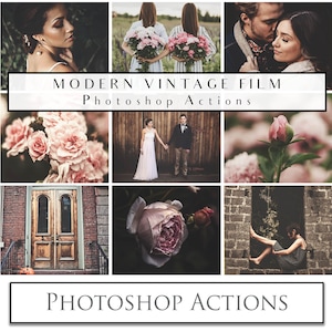 May include: A collage of images showcasing a set of Photoshop actions for creating a modern vintage film look. The images include a woman with flowers, a couple holding hands, a close-up of a flower, a wooden door, a flower, and a woman sitting in a window.