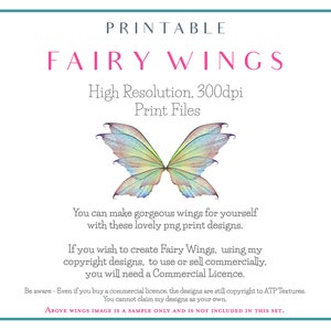 Printable Fairy Wings. For Art Dolls, Adults, Children. High resolution, png files. This is a digital product. Print and cut. Paper craft. Create fairy wing earrings or crown jewellrey from these designs. Commercial licence is available.