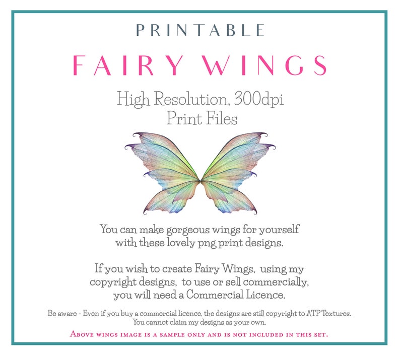 Printable Fairy Wings. For Art Dolls, Adults, Children. High resolution, png files. This is a digital product. Print and cut. Paper craft. Create fairy wing earrings or crown jewellrey from these designs. Commercial licence is available.