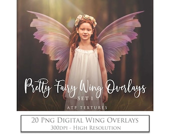 May include: A young person with red hair wearing a white dress and a flower crown, with large, digitally added fairy wings in shades of pink and purple. Text reads "Pretty Fairy Wing Overlays" and "20 PNG Digital Wing Overlays".