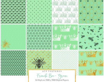 16 Digital Papers - FRENCH BEE - GREEN / Printable Paper, Scrapbooking, Card Making, Collage, Clipart, Paper Craft, Hive, Honeycomb