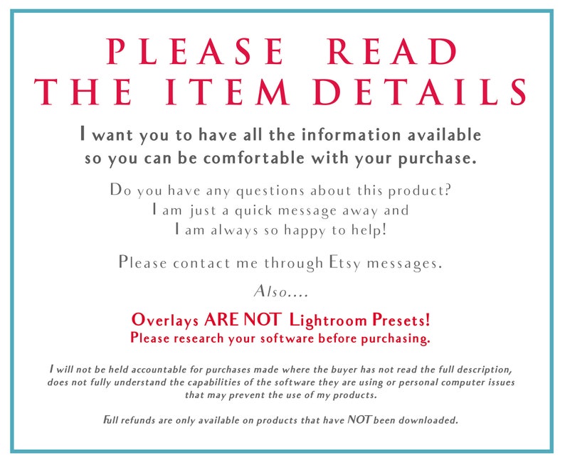 May include: Red text on a blue background reads "PLEASE READ THE ITEM DETAILS". The text continues with information about the product and a reminder to read the full description before purchasing.