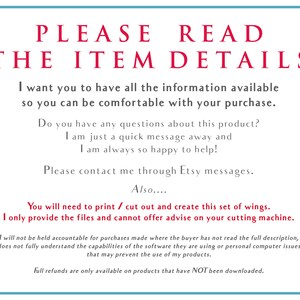 K&ouml;nnte beinhalten: Ein Textbild mit rotem Text, der "PLEASE READ THE ITEM DETAILS" lautet. Der Text erkl&auml;rt, dass der K&auml;ufer die vollst&auml;ndige Beschreibung lesen und sich bei Fragen &uuml;ber Etsy-Nachrichten an den Verk&auml;ufer wenden sollte. Der Text besagt auch, dass der Verk&auml;ufer nur digitale Dateien bereitstellt und keine Beratung zu Schneidemaschinen anbieten kann.