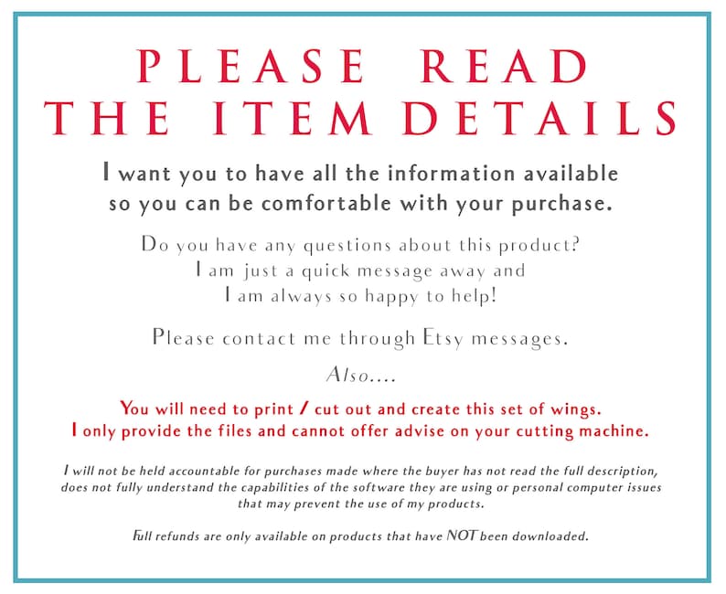 K&ouml;nnte beinhalten: Ein Textbild mit rotem Text, der "PLEASE READ THE ITEM DETAILS" lautet. Der Text erkl&auml;rt, dass der K&auml;ufer die vollst&auml;ndige Beschreibung lesen und sich bei Fragen &uuml;ber Etsy-Nachrichten an den Verk&auml;ufer wenden sollte. Der Text besagt auch, dass der Verk&auml;ufer nur digitale Dateien bereitstellt und keine Beratung zu Schneidemaschinen anbieten kann.
