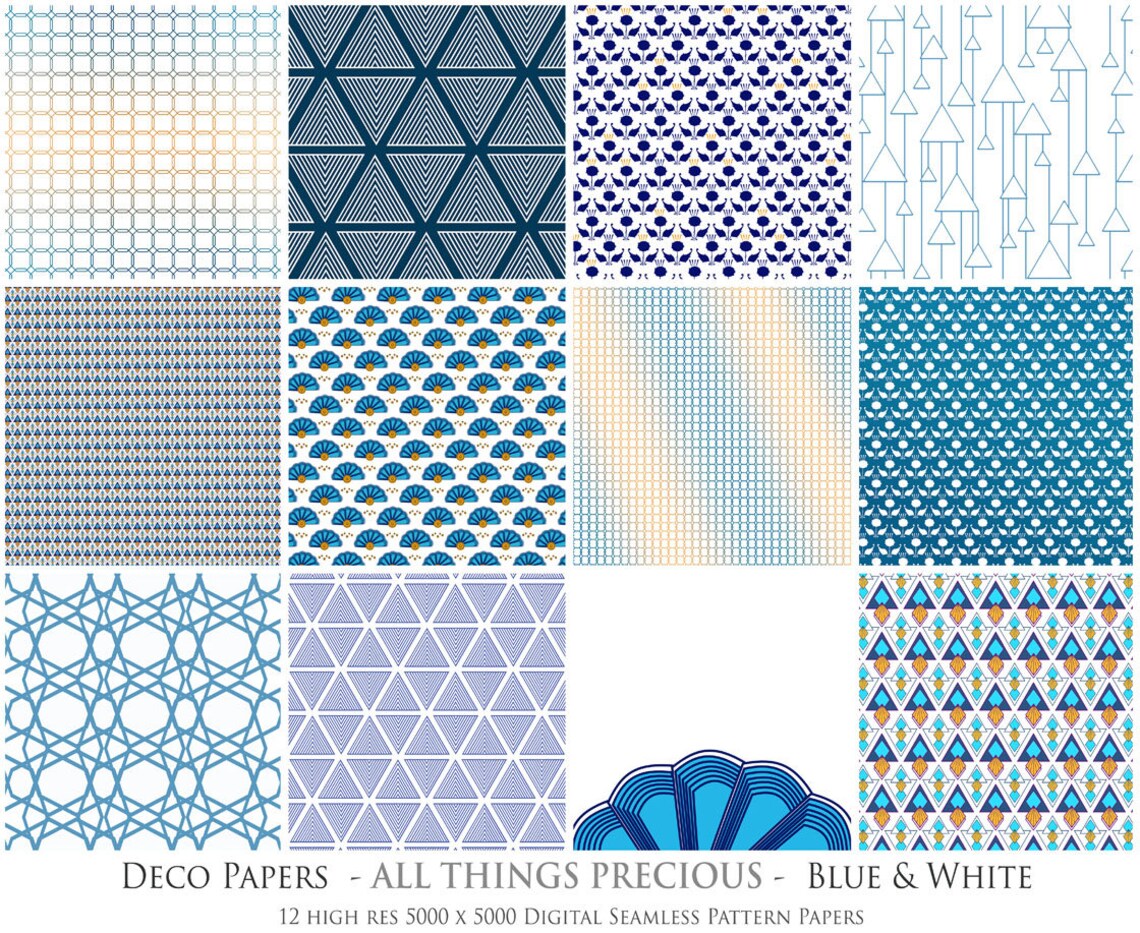 12 DIGITAL PAPERS DECO Blue & White / Scrapbooking | Etsy