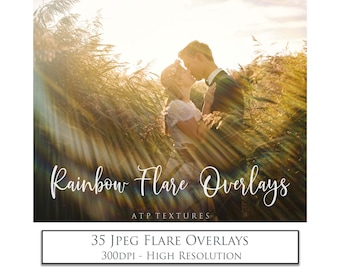 May include: A couple embracing in a field of tall grass with a rainbow flare overlay effect. The text "Rainbow Flare Overlays" and "ATP Textures" is visible. The text "35 JPEG FLARE OVERLAYS 300DPI - HIGH RESOLUTION" is also visible.