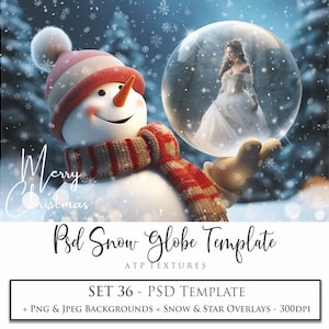SZABLON PHOTOSHOP, Cyfrowe tło Bałwan z przezroczystym globusem Psd Szablon nr 36 Png, Nakładka na zdjęcia świąteczne, Album, Boże Narodzenie, Ai