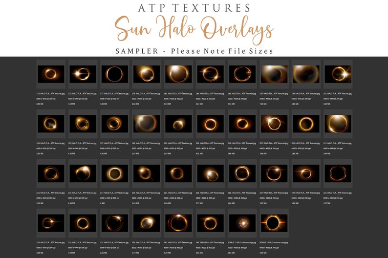 May include: A sampler of 36 sun halo overlays for digital design. The overlays are in various sizes and styles, with a black background and a golden halo effect.