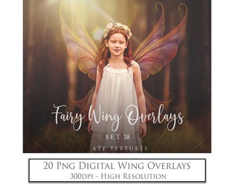 May include: A set of 20 digital fairy wing overlays in PNG format. The overlays are high resolution, 300 DPI, and perfect for adding a magical touch to your photos. The wings are a variety of colors, including pink, purple, and blue.