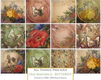 12 Digital PAPERS - Old Masters BUTTERFLY Set 2 / Scrapbooking Background, Scrapbook, Photoshop Texture, Clipart, Floral Paper, Print