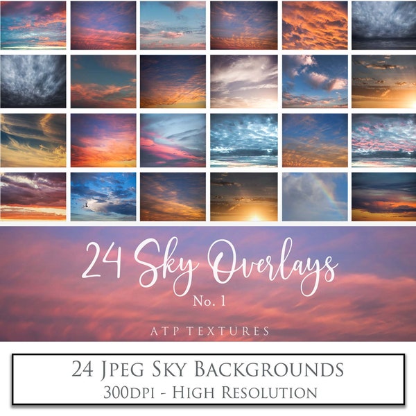 24 SKY, SUNSET, CLOUD Overlays - Set 1 - Photo Overlay, Scrapbooking Background, Photoshop, Digital Editing, Photography