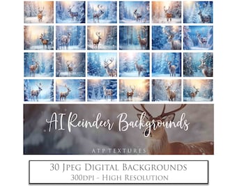 May include: 30 digital backgrounds featuring AI-generated images of reindeer in a snowy forest setting. The images are high resolution and perfect for creating winter-themed designs.