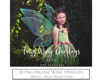 May include: A set of 20 digital fairy wing overlays in PNG format. The wings are translucent and have a green and blue color scheme. The overlays are high resolution and 300 DPI.