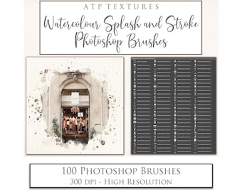 100 WATERCOLOUR PHOTOSHOP BRUSHES / High Resolution, Digital Watercolour, Scrapbooking, Textured Art, Photo Overlays