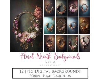 12 Digital Backgrounds - FLORAL WREATH Set 2 / Flower Ring, Backdrop, Photo Overlays, Fine Art Flower Print, Scrapbooking Paper, AI Art