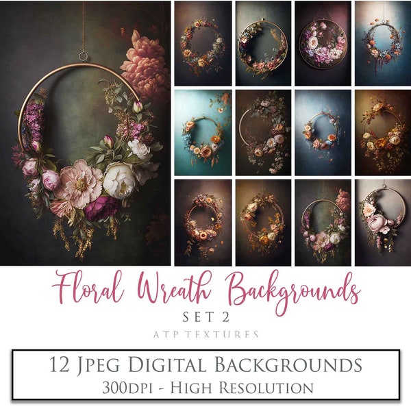 12 Digital Backgrounds - FLORAL WREATH Set 2 / Flower Ring, Backdrop, Photo Overlays, Fine Art Flower Print, Scrapbooking Paper, AI Art