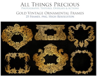 25 CLIPART GOLD FRAMES for Scrapbooking, Ornamental, Photography Overlay, Ephemera Printable, Photoshop Overlays, Print, Png