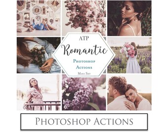 May include: A collage of images showcasing a set of Photoshop actions called "Romantic" by ATP. The images feature couples, flowers, and a romantic aesthetic.
