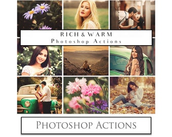 May include: A collage of nine images showcasing a variety of warm and rich-toned photos. The images feature couples, nature scenes, and portraits. The text "RICH & WARM Photoshop Actions" appears in the center of the collage.