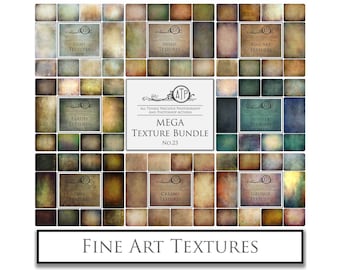 May include: A digital art bundle showcasing a variety of fine art textures. The central card reads "MEGA TEXTURE BUNDLE No.23", with surrounding cards displaying "Light Textures", "Mixed Textures", "Fine Art Textures", "Earthy Textures", "Winter Textures", "Dark Textures", "Creamy Textures", and "Grunge Textures".