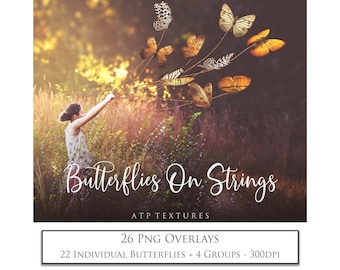 26 OVERLAYS PNG - BUTTERFLIES on a String, Png Clipart, Fine Art Overlay, Digital Butterfly, Photoshop, Scrapbooking, Photo Overlay, Edit.