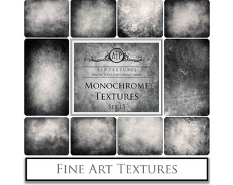 May include: A set of 15 monochrome textures in black and white. The textures are grainy and have a vintage look. The text "ATP Textures" is in the center of the image, with the words "Digital Tools for Creative Souls" below it. The words "Monochrome Textures" are in a larger font below that, with the words "Set 15" below that. The words "Fine Art Textures" are at the bottom of the image.