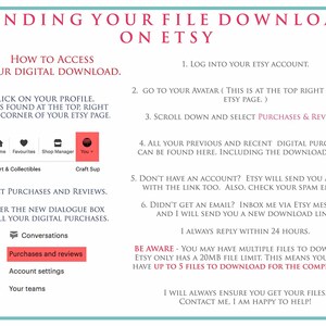 K&ouml;nnte beinhalten: Eine Anleitung, wie Sie Ihre digitalen Downloads auf Etsy finden. Die Anleitung enth&auml;lt Anweisungen, wie Sie auf Ihr Profil zugreifen, Eink&auml;ufe und Bewertungen ausw&auml;hlen und den Verk&auml;ufer kontaktieren, wenn Sie Fragen haben. Die Anleitung erw&auml;hnt auch, dass Etsy eine Dateigr&ouml;&szlig;enbeschr&auml;nkung von 20 MB hat und Sie bis zu 5 Dateien f&uuml;r den vollst&auml;ndigen Satz herunterladen k&ouml;nnen.