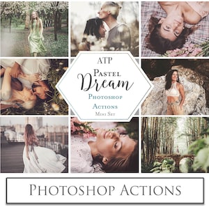 May include: A collage of images showcasing a set of Photoshop actions called "Pastel Dream" by ATP. The images feature various people in soft, pastel-toned settings.